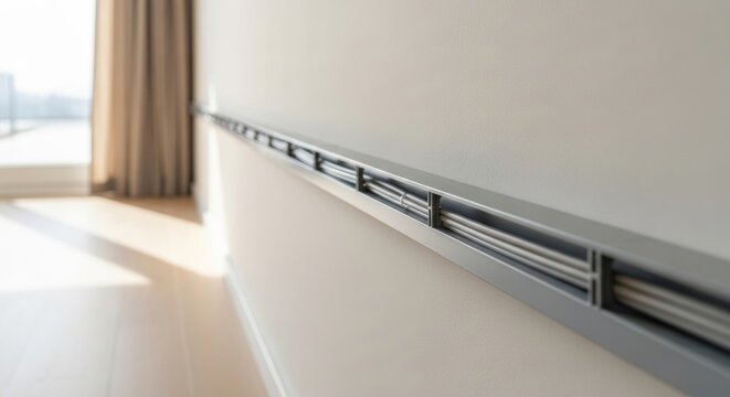 Sleek gray cable raceway organizing wires neatly on a modern wall, promoting clean home and office cable management