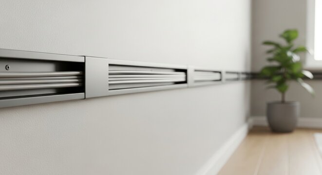 Sleek gray cable raceway organizing wires neatly along a modern wall, promoting clean home and office cable management