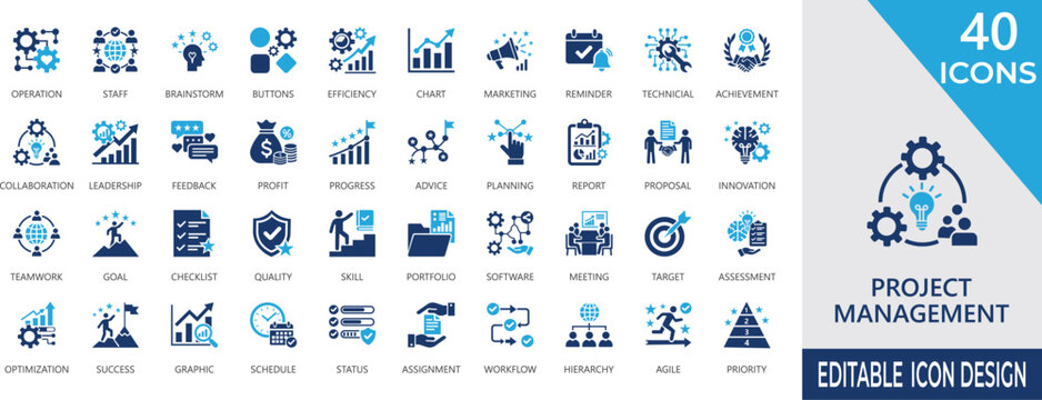 Project management solid icons for planning, task, collaboration, resource, schedule, agile, productivity, and enterprise projects.