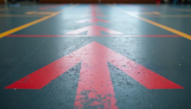 Red arrows stenciled on gym floor indicate direction. Lines on sports surface guide movement indoors. Close view shows pathway marker for training.
