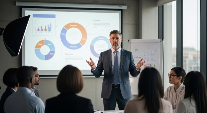 Business manager presenting data charts in a modern conference room to engaged employees, fostering professional development