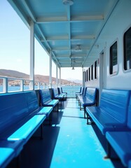 Fototapeta premium Rows of empty blue seats line a ferry deck. Sunlight streams across the floor and illuminates the sea view. Passengers await passage on this bright sunny day.