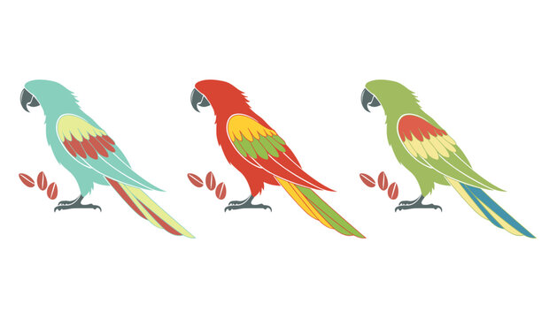 Colorful tropical parrot collection featuring vibrant exotic bird silhouettes, minimalist wildlife clipart set isolated on white background