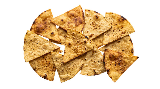 Crispy tortilla chips scattered across a white background, ready to be dipped and enjoyed. They are golden brown with a slightly charred texture, suggesting a satisfying crunch