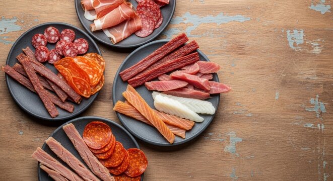 Assortment of Cured Meats and Fish Jerky on Rustic Plates