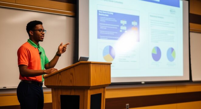 Young Black man confidently presents thesis project at podium in modern classroom with projection screen