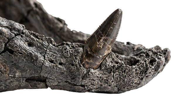 A close-up of a fossilized animal jaw with a prominent tooth. The jawbone is weathered and cracked, showing its age and ancient origins
