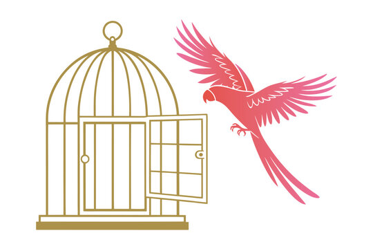 Open bird cage with flying pink parrot illustration, freedom concept, tropical bird clipart isolated on white background
