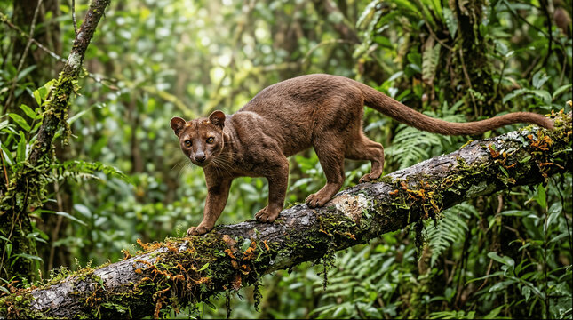 Wild Fossa in Native Mossy-Tree Habitat