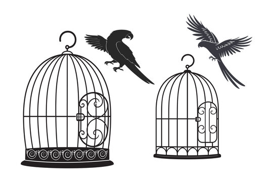 Vintage decorative bird cage collection with flying bird silhouettes, elegant aviary clipart set isolated on white background