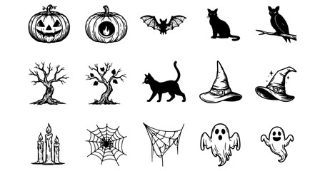 Fototapeta premium Halloween Spooky Black Silhouette Element Vector Set, Pumpkin Ghost and Witch Hat Icons