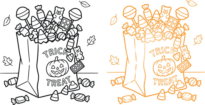 Halloween candy bag illustration trick or treat line art for coloring pages and seasonal designs