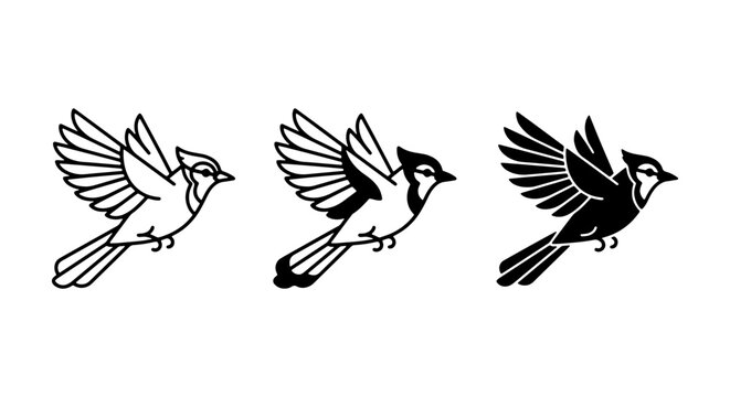 Blue Jay Vector Icons: Three Flying Bird Silhouettes, Outline and Solid Styles, Simple Nature Graphics
