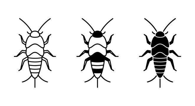 Insect Vector Icons: Three Stylized Silverfish Silhouettes, Minimalist Line Art for Pest Control and Entomology