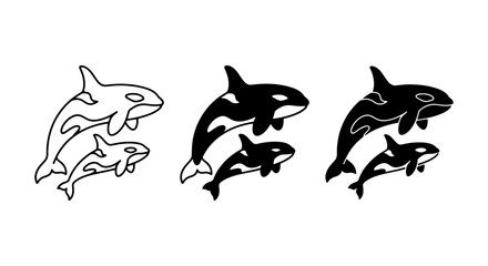 Orca Whale Family Vector Icons, Killer Whale Marine Mammal Graphics, Ocean Wildlife Silhouette Set © An