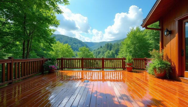 Wet wooden deck overlooks green mountain valley. Polished wood planks reflect bright blue sky with white clouds. Potted plants add color to empty terrace space.