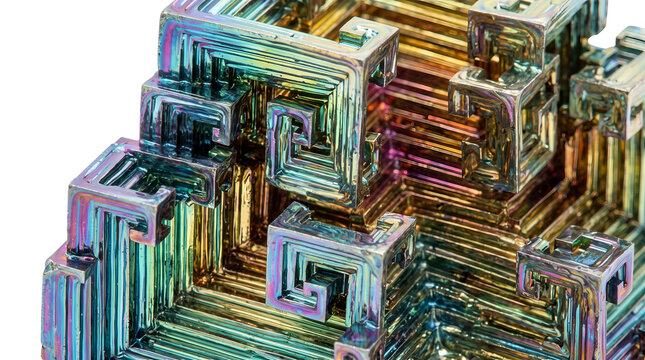 A close-up macro shot of a bismuth crystal with its iridescent, rainbow-like stepped cubic structure, showcasing a mesmerizing geometric pattern and vibrant metallic colors