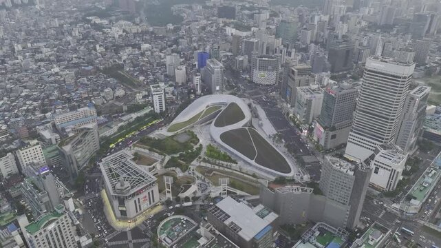 Aerial Drone View of DDP Dongdaemun Design Plaza Architecture and Cityscape in Seoul, South Korea