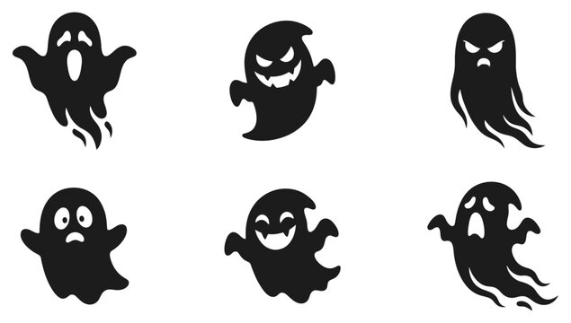 Collection of spooky black ghost silhouettes with varying expressions against a plain white background for halloween themed designs