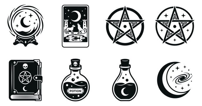 Collection of black witchcraft symbols including crystal ball tarot card pentagram potion bottles and crescent moon on a white background