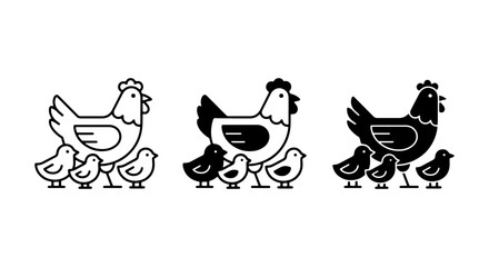 Chicken Family Icons, Mother Hen and Chicks Vector Set, Farm Animal Graphics for Organic Food Branding © Rotin