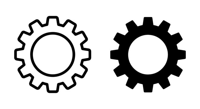 Two Gear Icons, Outline and Solid Black, Mechanical Engineering Symbols, Industry and Technology Concepts