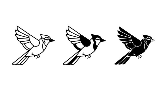 Blue Jay Vector Icons, Flying Bird Silhouettes, Nature Wildlife Graphics, Simple Outline and Filled Styles