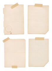 Obraz premium vintage aged paper note sheet collection with masking tape strips isolated on transparent background