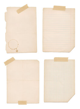 vintage aged paper note sheet collection with masking tape strips isolated on transparent background