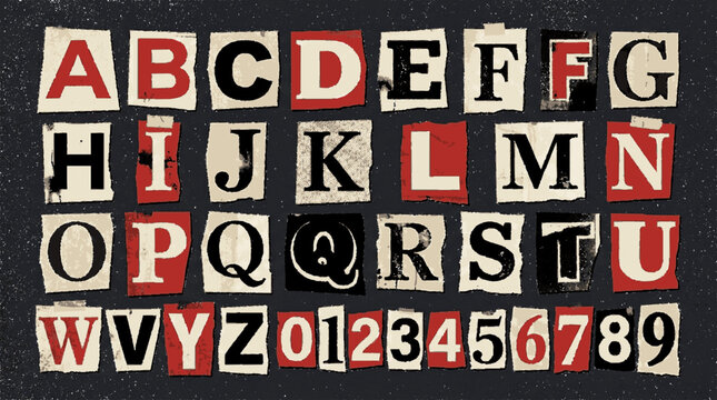 Zine style collage alphabet and numbers set with cutout paper letters