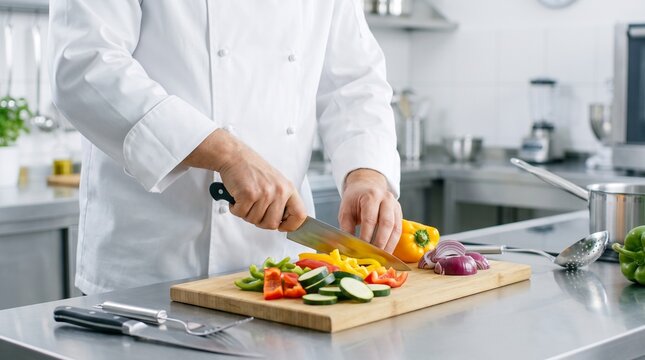 Chef chopping vegetables, Safe knife technique, Fresh produce close up, Clean stainless kitchen, Professional cooking action