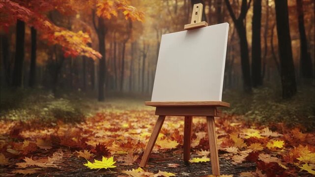 Blank canvas on easel in autumn forest, symbolizing inspiration, creativity, and natural visualization.