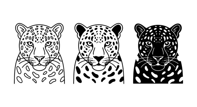 Leopard Head Icons, Wild Cat Vector Art Set, Big Cat Faces Collection, Monochrome Animal Graphics