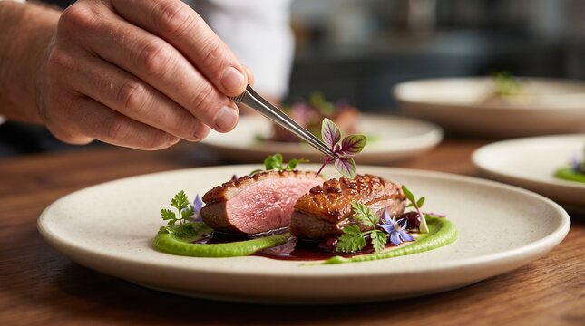 Chef garnishing plate, Microgreens with tweezers, Fine dining close up, Elegant finishing detail, Clean restaurant presentation