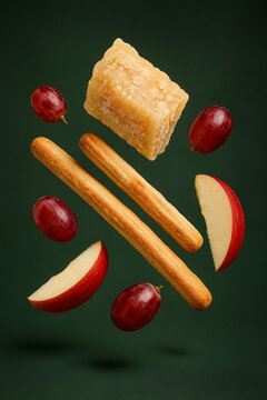 Aged parmesan block with breadsticks, red grapes, and apple slices floating on deep green studio scene for savory snack photography gourmet menu idea