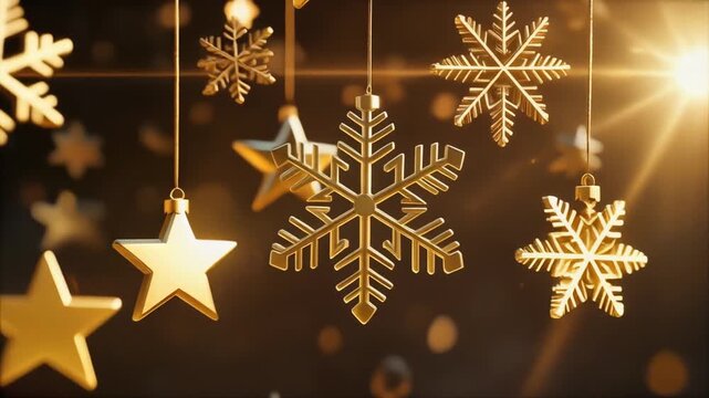 Golden ornaments of stars and snowflakes, symbolizing festive elegance, celebration, and decorative visualization.