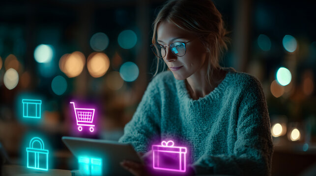 Woman Shopping Online with Holographic UI, Digital E-commerce Experience, Virtual Retail Interface, Futuristic Technology Concept, Convenient Mobile Shopping nterface, futuristic,