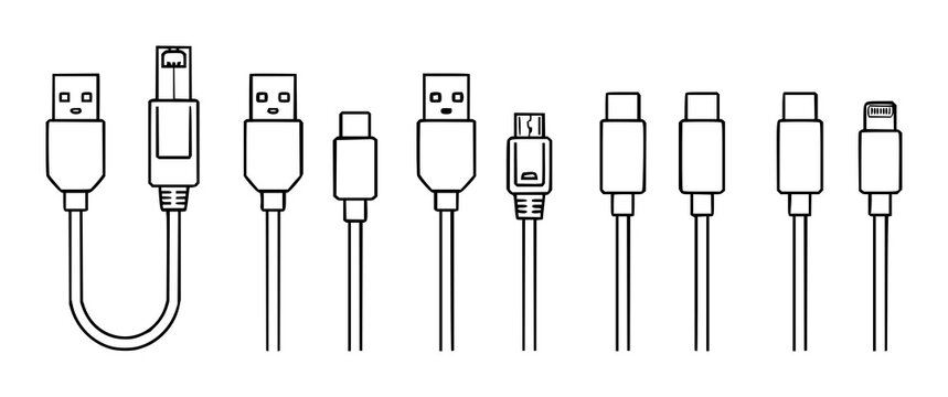 USB cable collection with various connector types featuring USB-A, USB-C, Micro-USB with Mini-USB and Lightning in a flat design