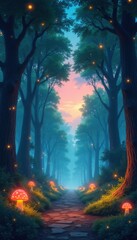 Obraz premium Path through misty forest with glowing mushrooms. Tall trees line walkway with fireflies. Soft sunset sky creates magical twilight atmosphere. Peaceful nature scene.