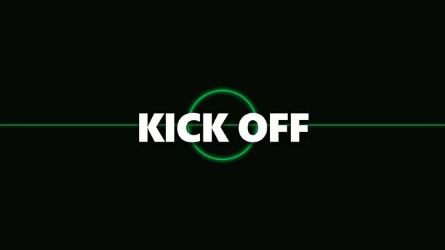 Glowing neon green football field lines and center circle displaying white kickoff text on dark background