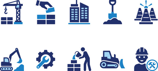 Crane and heavy construction machinery icon set with build building land cone excavator maintenance cement bulldozer and contractor worker elements. © KOSAKA