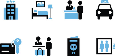 Hotel and hospitality service icon set with building room reception taxi key card check in desk passport and elevator symbols. © KOSAKA