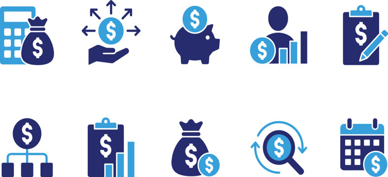 Budget and personal finance icon set with expenses savings money allocation financial planning money bag tracking and monthly planning elements.