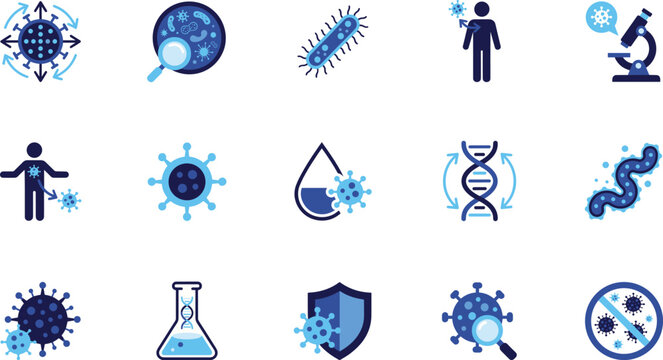 Virus and microbiology science icon set with bacteria infection microscope disease pathogen contamination mutation parasite germ biology antiviral and antibacterial symbols.