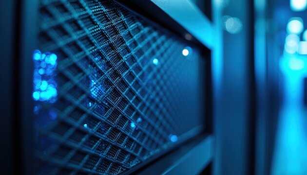 Server rack interior with glowing blue lights. Data center hardware detail, technology infrastructure focus. Network system hardware, digital information storage.