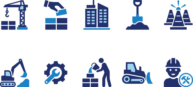 Crane and heavy construction machinery icon set with build building land cone excavator maintenance cement bulldozer and contractor worker elements.