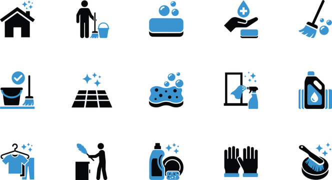 Cleaning service and housekeeping icon set with clean house janitor soap hygiene broom sponge detergent laundry dishwashing gloves and floor polish symbols.