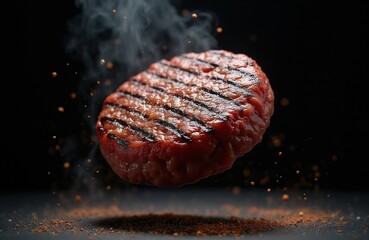 Fototapeta premium Juicy grilled hamburger patty floats in air releasing smoke and spice particles. Delicious meat ready for a burger. Cooking and food preparation concept.