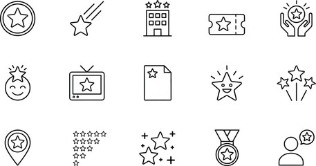 Star and favorite line icon set with shooting star hotel event ticket award wish tv show review medal and celebration elements. © KOSAKA