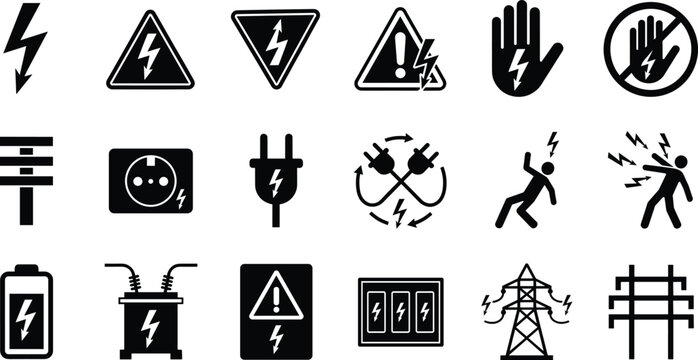 High voltage and electricity danger icon set with lightning bolts warning triangles shock hazards power plugs towers and battery symbols.